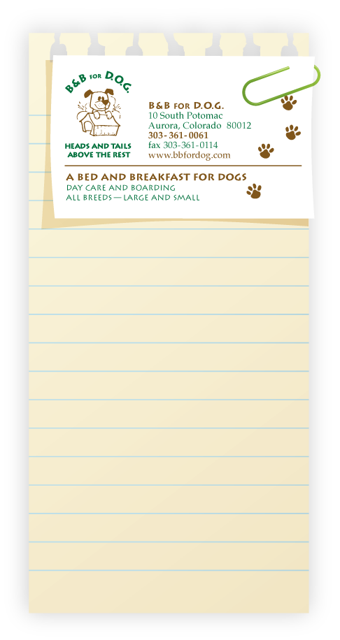 B&B for D.O.G. business card clipped to note paper containing main navigation